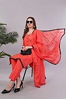 Traditional Coral Red Embroidered Salwar Suit Set with Dupatta, Black Lace Border, 3/4 Sleeve Traditional Coral Red Embroidered Salwar Suit Set with Dupatta, Black Lace Border, 3/4 Sleeve