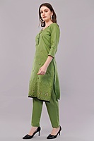 Women's Cotton Salwar Suit Set, Green Embroidered, 3-Piece with Dupatta and Black Lace Trim Women's Cotton Salwar Suit Set, Green Embroidered, 3-Piece with Dupatta and Black Lace Trim