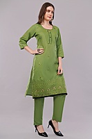 Women's Cotton Salwar Suit Set, Green Embroidered, 3-Piece with Dupatta and Black Lace Trim Women's Cotton Salwar Suit Set, Green Embroidered, 3-Piece with Dupatta and Black Lace Trim