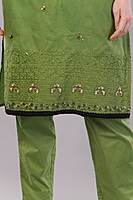 Women's Cotton Salwar Suit Set, Green Embroidered, 3-Piece with Dupatta and Black Lace Trim Women's Cotton Salwar Suit Set, Green Embroidered, 3-Piece with Dupatta and Black Lace Trim