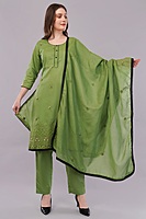 Women's Cotton Salwar Suit Set, Green Embroidered, 3-Piece with Dupatta and Black Lace Trim Women's Cotton Salwar Suit Set, Green Embroidered, 3-Piece with Dupatta and Black Lace Trim