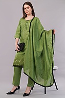 Women's Cotton Salwar Suit Set, Green Embroidered, 3-Piece with Dupatta and Black Lace Trim Women's Cotton Salwar Suit Set, Green Embroidered, 3-Piece with Dupatta and Black Lace Trim
