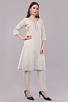 Women's Cotton Embroidered Salwar Suit Set with Dupatta, 3/4 Sleeve, Off-White Women's Cotton Embroidered Salwar Suit Set with Dupatta, 3/4 Sleeve, Off-White