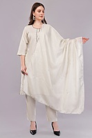 Women's Cotton Embroidered Salwar Suit Set with Dupatta, 3/4 Sleeve, Off-White Women's Cotton Embroidered Salwar Suit Set with Dupatta, 3/4 Sleeve, Off-White