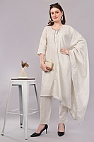 Women's Cotton Embroidered Salwar Suit Set with Dupatta, 3/4 Sleeve, Off-White Women's Cotton Embroidered Salwar Suit Set with Dupatta, 3/4 Sleeve, Off-White