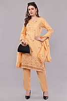 Women's Peach Embroidered Cotton Salwar Suit Set with Dupatta, Long Sleeves, 3 Piece Traditional Dress Women's Peach Embroidered Cotton Salwar Suit Set with Dupatta, Long Sleeves, 3 Piece Traditional Dress