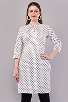 Cotton Printed Kurti, 3/4 Sleeve, White with Geometric Pattern, Mandarin Collar Cotton Printed Kurti, 3/4 Sleeve, White with Geometric Pattern, Mandarin Collar