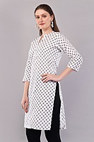 Cotton Printed Kurti, 3/4 Sleeve, White with Geometric Pattern, Mandarin Collar Cotton Printed Kurti, 3/4 Sleeve, White with Geometric Pattern, Mandarin Collar