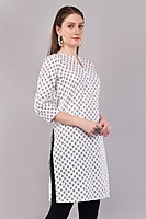 Cotton Printed Kurti, 3/4 Sleeve, White with Geometric Pattern, Mandarin Collar Cotton Printed Kurti, 3/4 Sleeve, White with Geometric Pattern, Mandarin Collar