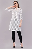 Cotton Printed Kurti, 3/4 Sleeve, White with Geometric Pattern, Mandarin Collar Cotton Printed Kurti, 3/4 Sleeve, White with Geometric Pattern, Mandarin Collar