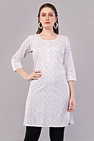 Women's Floral Print Cotton Kurti, 3/4 Sleeve, White with Purple Pattern Women's Floral Print Cotton Kurti, 3/4 Sleeve, White with Purple Pattern