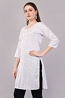 Women's Floral Print Cotton Kurti, 3/4 Sleeve, White with Purple Pattern Women's Floral Print Cotton Kurti, 3/4 Sleeve, White with Purple Pattern