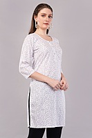 Women's Floral Print Cotton Kurti, 3/4 Sleeve, White with Purple Pattern Women's Floral Print Cotton Kurti, 3/4 Sleeve, White with Purple Pattern