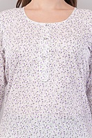 Women's Floral Print Cotton Kurti, 3/4 Sleeve, White with Purple Pattern Women's Floral Print Cotton Kurti, 3/4 Sleeve, White with Purple Pattern