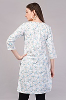 Women's Cotton Floral Print Kurti, 3/4 Sleeve, White with Blue Flowers Women's Cotton Floral Print Kurti, 3/4 Sleeve, White with Blue Flowers