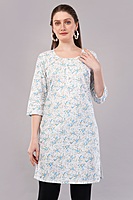 Women's Cotton Floral Print Kurti, 3/4 Sleeve, White with Blue Flowers Women's Cotton Floral Print Kurti, 3/4 Sleeve, White with Blue Flowers