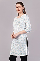 Women's Cotton Floral Print Kurti, 3/4 Sleeve, White with Blue Flowers Women's Cotton Floral Print Kurti, 3/4 Sleeve, White with Blue Flowers
