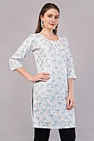 Women's Cotton Floral Print Kurti, 3/4 Sleeve, White with Blue Flowers Women's Cotton Floral Print Kurti, 3/4 Sleeve, White with Blue Flowers