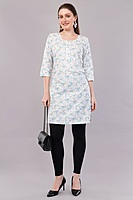 Women's Cotton Floral Print Kurti, 3/4 Sleeve, White with Blue Flowers Women's Cotton Floral Print Kurti, 3/4 Sleeve, White with Blue Flowers