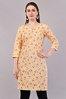 Women's Cotton Kurti, 3/4 Sleeve, Yellow Floral Print, Casual Wear Women's Cotton Kurti, 3/4 Sleeve, Yellow Floral Print, Casual Wear