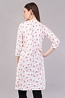 Women's Floral Print Cotton Kurti, 3/4 Sleeves, White with Pink Flowers Women's Floral Print Cotton Kurti, 3/4 Sleeves, White with Pink Flowers