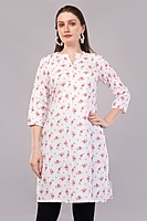 Women's Floral Print Cotton Kurti, 3/4 Sleeves, White with Pink Flowers Women's Floral Print Cotton Kurti, 3/4 Sleeves, White with Pink Flowers
