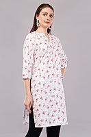 Women's Floral Print Cotton Kurti, 3/4 Sleeves, White with Pink Flowers Women's Floral Print Cotton Kurti, 3/4 Sleeves, White with Pink Flowers