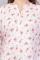 Women's Floral Print Cotton Kurti, 3/4 Sleeves, White with Pink Flowers Women's Floral Print Cotton Kurti, 3/4 Sleeves, White with Pink Flowers