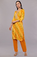 Traditional Bandhani Print Salwar Suit Set, Yellow Orange, Embroidered, 3/4 Sleeve with Dupatta Traditional Bandhani Print Salwar Suit Set, Yellow Orange, Embroidered, 3/4 Sleeve with Dupatta