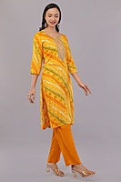 Traditional Bandhani Print Salwar Suit Set, Yellow Orange, Embroidered, 3/4 Sleeve with Dupatta Traditional Bandhani Print Salwar Suit Set, Yellow Orange, Embroidered, 3/4 Sleeve with Dupatta