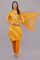 Traditional Bandhani Print Salwar Suit Set, Yellow Orange, Embroidered, 3/4 Sleeve with Dupatta Traditional Bandhani Print Salwar Suit Set, Yellow Orange, Embroidered, 3/4 Sleeve with Dupatta