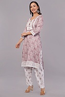 Traditional Embroidered and printed Salwar Suit Set, Mauve Pink with White Lace, Cotton Traditional Embroidered and printed Salwar Suit Set, Mauve Pink with White Lace, Cotton
