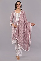 Traditional Embroidered and printed Salwar Suit Set, Mauve Pink with White Lace, Cotton Traditional Embroidered and printed Salwar Suit Set, Mauve Pink with White Lace, Cotton