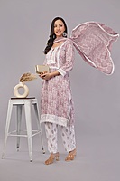 Traditional Embroidered and printed Salwar Suit Set, Mauve Pink with White Lace, Cotton Traditional Embroidered and printed Salwar Suit Set, Mauve Pink with White Lace, Cotton