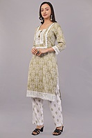 Traditional Salwar Suit Set, Olive Green with White Embroidery, Long Sleeves, Cotton pants Traditional Salwar Suit Set, Olive Green with White Embroidery, Long Sleeves, Cotton pants