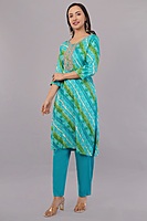 Traditional Bandhani Print Salwar Suit, Turquoise and Green, Embellished Neck, 3-Piece Set with Dupatta Traditional Bandhani Print Salwar Suit, Turquoise and Green, Embellished Neck, 3-Piece Set with Dupatta
