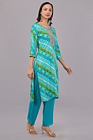 Traditional Bandhani Print Salwar Suit, Turquoise and Green, Embellished Neck, 3-Piece Set with Dupatta Traditional Bandhani Print Salwar Suit, Turquoise and Green, Embellished Neck, 3-Piece Set with Dupatta
