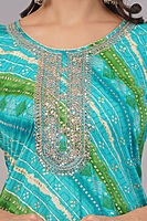 Traditional Bandhani Print Salwar Suit, Turquoise and Green, Embellished Neck, 3-Piece Set with Dupatta Traditional Bandhani Print Salwar Suit, Turquoise and Green, Embellished Neck, 3-Piece Set with Dupatta
