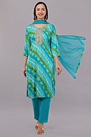 Traditional Bandhani Print Salwar Suit, Turquoise and Green, Embellished Neck, 3-Piece Set with Dupatta Traditional Bandhani Print Salwar Suit, Turquoise and Green, Embellished Neck, 3-Piece Set with Dupatta
