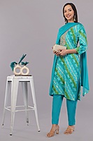 Traditional Bandhani Print Salwar Suit, Turquoise and Green, Embellished Neck, 3-Piece Set with Dupatta Traditional Bandhani Print Salwar Suit, Turquoise and Green, Embellished Neck, 3-Piece Set with Dupatta