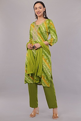Bandhani Print Cotton Salwar Suit Set, Green and Yellow, Traditional Embroidered Kurta with Pants and Dupatta