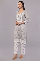 Traditional Embroidered Cotton Salwar Suit Set with Lace Detail, Grey and White, 3-Piece Traditional Embroidered Cotton Salwar Suit Set with Lace Detail, Grey and White, 3-Piece