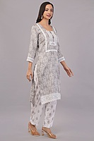 Traditional Embroidered Cotton Salwar Suit Set with Lace Detail, Grey and White, 3-Piece Traditional Embroidered Cotton Salwar Suit Set with Lace Detail, Grey and White, 3-Piece