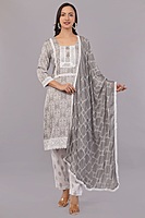 Traditional Embroidered Cotton Salwar Suit Set with Lace Detail, Grey and White, 3-Piece Traditional Embroidered Cotton Salwar Suit Set with Lace Detail, Grey and White, 3-Piece
