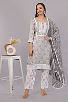 Traditional Embroidered Cotton Salwar Suit Set with Lace Detail, Grey and White, 3-Piece Traditional Embroidered Cotton Salwar Suit Set with Lace Detail, Grey and White, 3-Piece