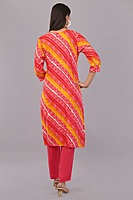 Women's Bandhani Print Salwar Suit Set, Red and Yellow, 3/4 Sleeve Kurta with Pants and Dupatta Women's Bandhani Print Salwar Suit Set, Red and Yellow, 3/4 Sleeve Kurta with Pants and Dupatta