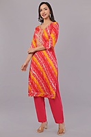 Women's Bandhani Print Salwar Suit Set, Red and Yellow, 3/4 Sleeve Kurta with Pants and Dupatta Women's Bandhani Print Salwar Suit Set, Red and Yellow, 3/4 Sleeve Kurta with Pants and Dupatta