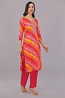 Women's Bandhani Print Salwar Suit Set, Red and Yellow, 3/4 Sleeve Kurta with Pants and Dupatta Women's Bandhani Print Salwar Suit Set, Red and Yellow, 3/4 Sleeve Kurta with Pants and Dupatta