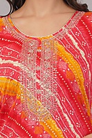 Women's Bandhani Print Salwar Suit Set, Red and Yellow, 3/4 Sleeve Kurta with Pants and Dupatta Women's Bandhani Print Salwar Suit Set, Red and Yellow, 3/4 Sleeve Kurta with Pants and Dupatta