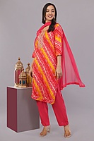 Women's Bandhani Print Salwar Suit Set, Red and Yellow, 3/4 Sleeve Kurta with Pants and Dupatta Women's Bandhani Print Salwar Suit Set, Red and Yellow, 3/4 Sleeve Kurta with Pants and Dupatta